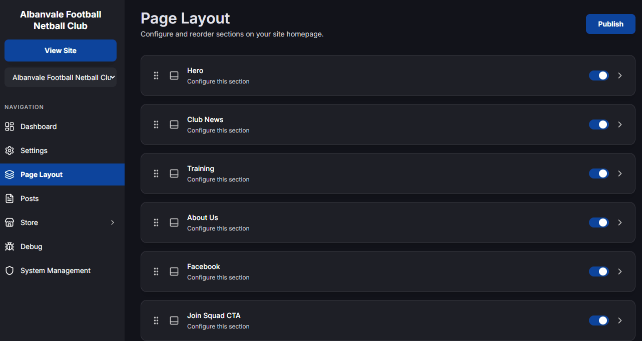 Albanvale Football Netball Club page layout admin dashboard